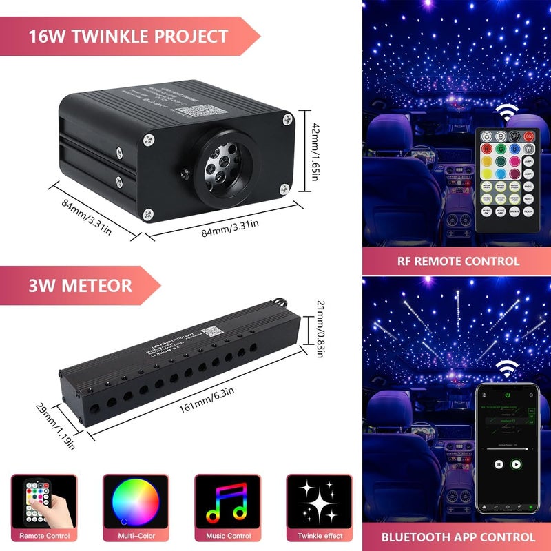 WEBUPAR Car Starlight Headliner Kit, Shooting Stars + Twinkle + Sound Activate RGBW Fiber Optic Lights with Bluetooth APP & Remote Control, 500 pcs*0.03in*9.8ft, Star Lights for Car Decor - Image 2